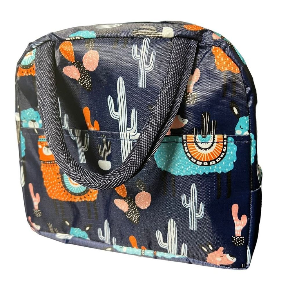 Llama Insulated Lunch Box‎ Navy Blue Pastel Cartoon Llamas Zipper 8” x 9” x 5”